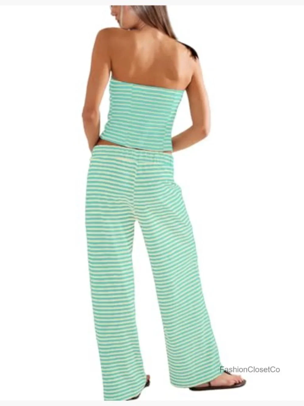 Two Piece Striped Lounge Set Strapless Tube Top and Wide Leg Pants Matching Set